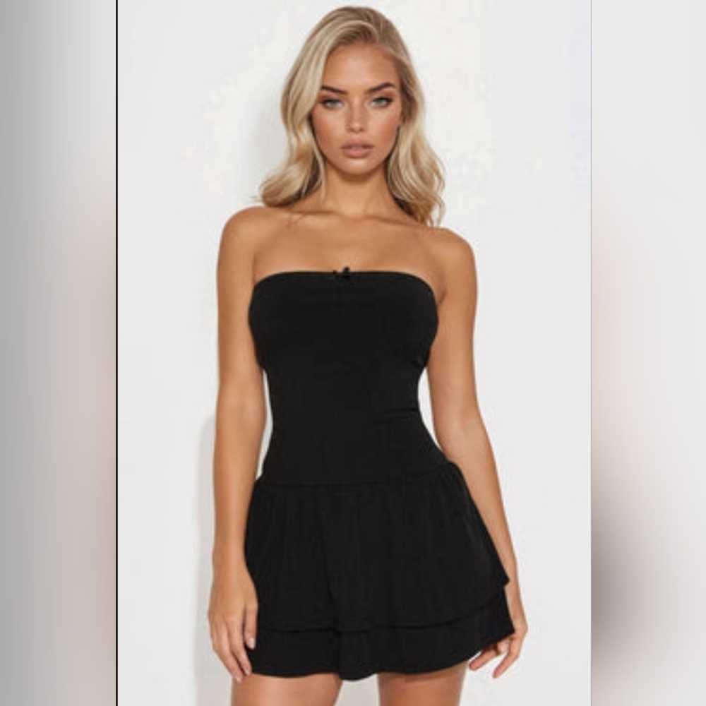 Fashion Nova Black Strapless Ruffle Hem Dress